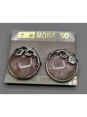 Vintage Mona Rose Quartz Cabochon Clip-on Earrings Silver Tone New Original Card